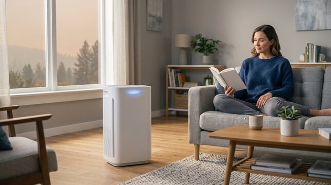 Woman reading book on sofa with air purifier operating. Adult female relaxing in living room while white filtration device cleans indoor air. Hazy smoke outside window