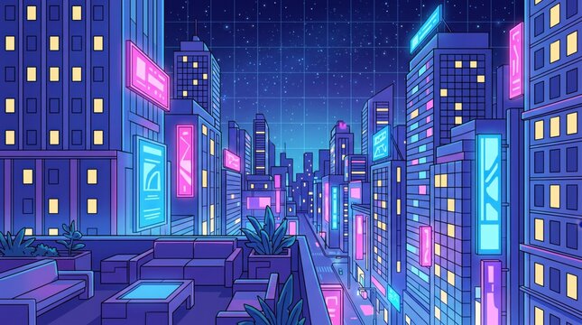 Charming cartoon illustration of a modern night city rooftop overlooking vibrant futuristic skyscraper towers with neon glow