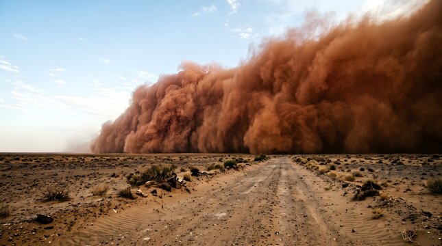 Massive sandstorm approaching desert road, orange dust storm wall over dry landscape, extreme weather haboob in wilderness