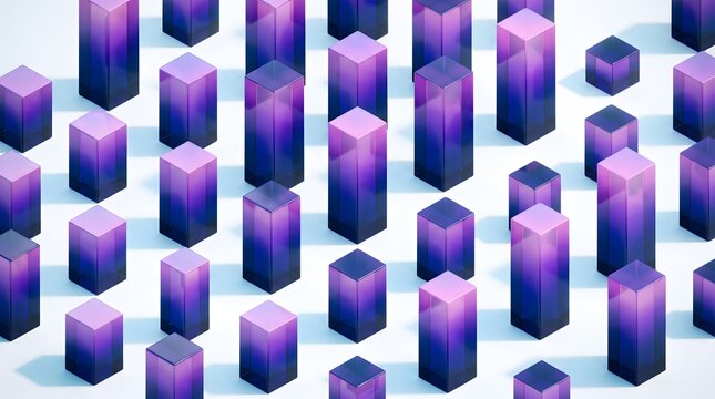 Isometric purple cubes. Geometric 3D blocks pattern. Abstract gradient background. Modern sculpture design with blue violet polyhedrons.