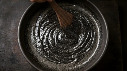 Fototapeta premium Black sesame paste being stirred in a bowl, traditional asian dessert preparation, dark moody food photography of sweet sesame soup