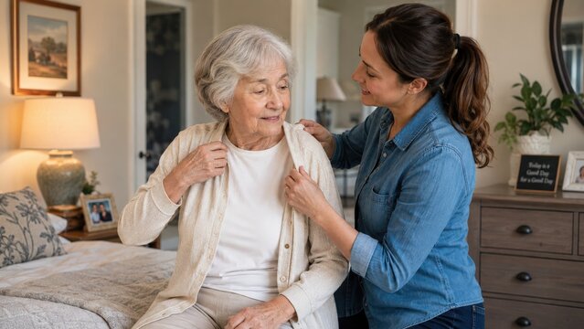 Heartwarming Moment of Care: A Gentle Interaction Between a Caring Individual and an Elderly Woman in a Cozy Home Setting