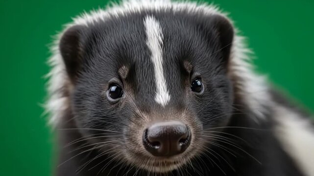 A close up portrait of a curious skunk staring directly into the camera lens