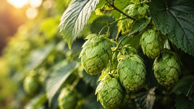 Vibrant Green Hop Cones Growing on Lush Vines in a Sunlit Hop Field, Capturing the Essence of Brewing Ingredients and Agricultural Beauty.