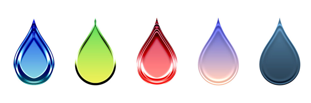 Set of colorful water drops isolated on transparent background liquid droplets, teardrop shapes, oil or paint drop icon set