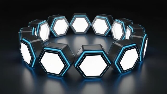A circular arrangement of glowing hexagonal light modules on dark surface