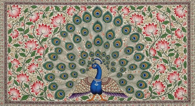 Exquisite Peacock Art with Floral Border.