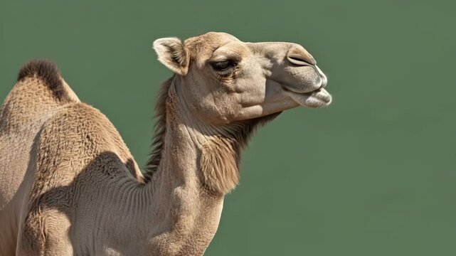 A detailed side profile portrait of a camel standing against a green background
