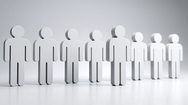 Minimalist 3D white human figures standing in perfect row for teamwork and leadership concepts
