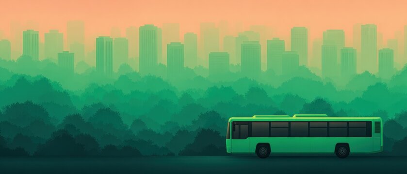 Green bus driving past city skyline with lush trees and copy space for text representing modern sustainable public transportation in urban environments