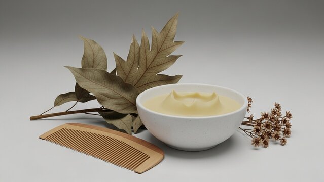 Natural Hair Balm in Bowl with Wooden Comb and Dried Leaves