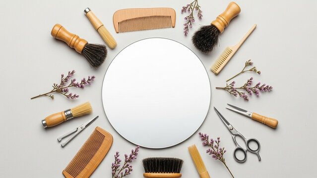 Grooming Tools Arranged Around Mirror - Barber Supplies Flat Lay