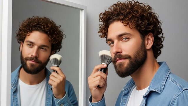 Man with curly hair applying shaving cream with a brush in front of a mirror