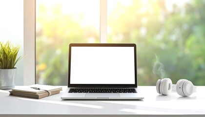 Fototapeta premium Modern laptop on clean desk with natural light.