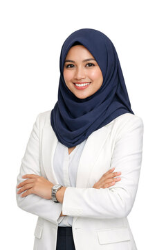 A beautiful, confident Muslim businesswoman wearing a hijab and a stylish white suit.