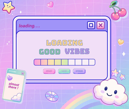 Y2K Retro Loading Screen with Good Vibes Typography, Rainbow, Cute Cloud, Cherry and Star Decorations