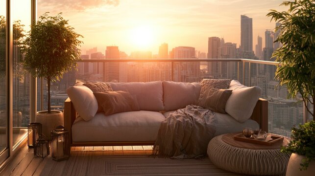 Cozy Balcony Seating Area Overlooking City Skyline During Sunset