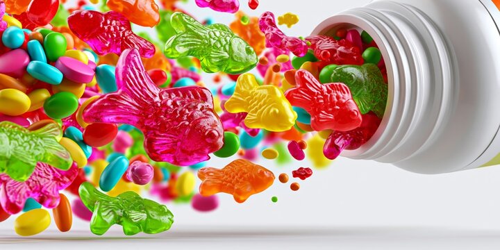 Vibrant colorful gummy fish candies and pills spilling dynamically from a white plastic bottle.