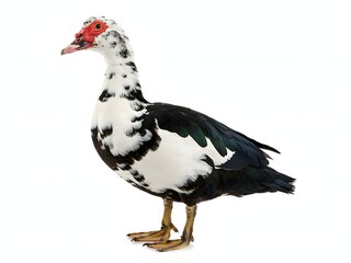 Naklejka premium Muscovy duck standing on white background with vibrant red face and black-white plumage