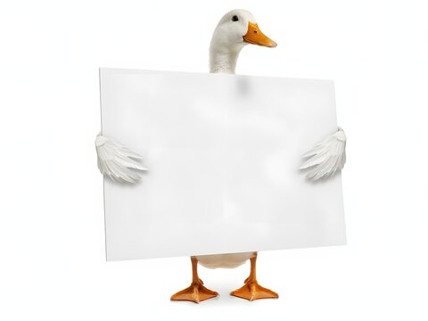 White goose standing on wooden stump with orange feet and beak isolated on white background