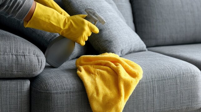 Person Cleaning Grey Sofa with Spray Bottle and Yellow Cloth in Living Room