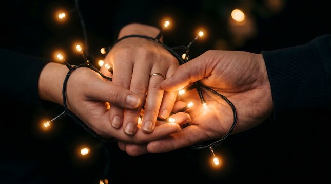 Romantic couple holding fairy lights, wedding ring detail, hands intertwined with bokeh sparkles, warm glow, intimate moment, black background winter evening atmosphere