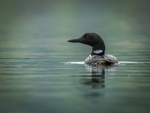 Close-up of black and white loon swimming peacefully on calm freshwater lake at dawn