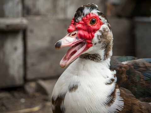 Close-up portrait of rooster with vibrant red comb and wattle in rustic outdoor setting