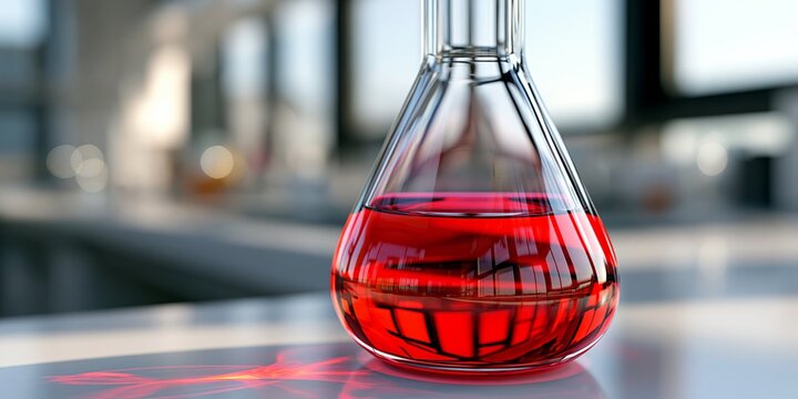 Vibrant red liquid inside a glass Erlenmeyer flask sits on a laboratory table with a blurred background.