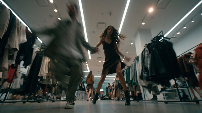 Playful Young Couple Dancing in Modern Fashion Boutique