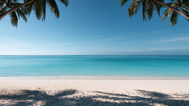 Tropical Beach with Palm Trees Framing Clear Blue Ocean