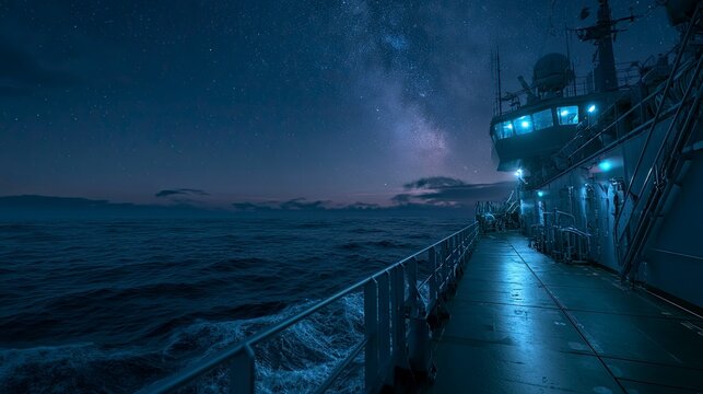 Steady Nighttime View of Sailboat Deck with Starry Sky and Milky Way
