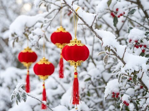 Red Chinese Lanterns Hanging from Snowy Branches in Peaceful Winter Landscape