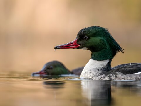 Male common merganser duck swimming in calm freshwater with reflections and soft bokeh background