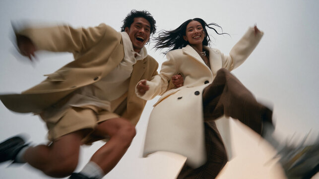 Happy Young Asian Couple Jumping Together Outdoors