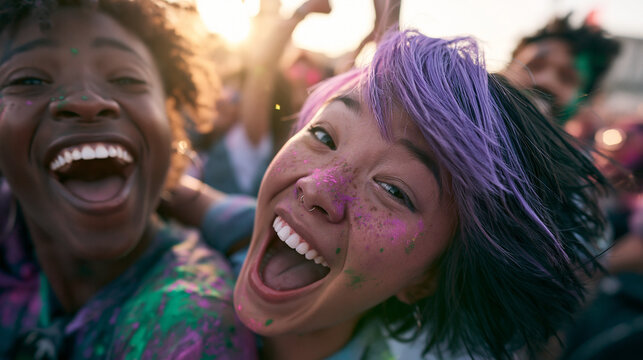 Happy Diverse Friends Celebrating at Colorful Holi Festival Outdoors