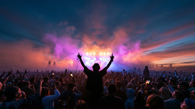 Cheering Crowd at Outdoor Music Festival Stage at Sunset