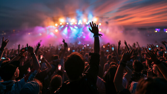 Crowd Raising Hands at Outdoor Music Festival at Sunset