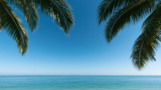 Tropical Ocean View Framed by Green Palm Leaves