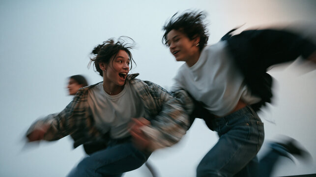 Group of Energetic Young Friends Running Joyfully Outdoors