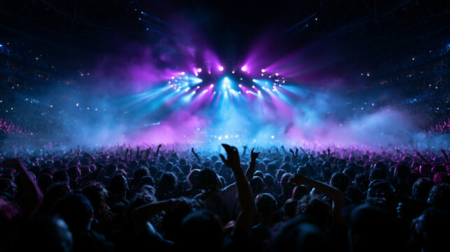Crowd of Cheering Fans at Live Concert with Stage Lights