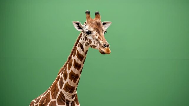 A detailed portrait of a giraffe head and neck against a solid green background
