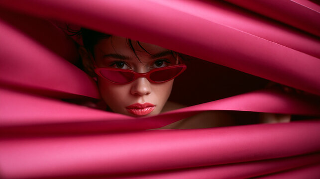 Stylish Woman Peeking Through Pink Layers Wearing Sunglasses