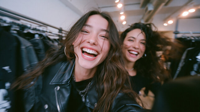 Happy Young Women Taking Selfie While Shopping in Clothing Store