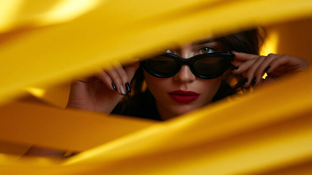 Stylish Woman with Sunglasses Looking Through Yellow Frame