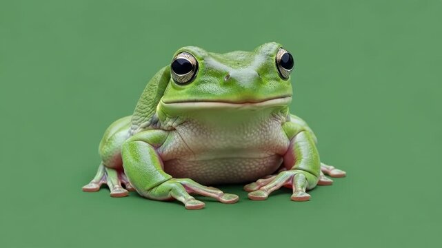A bright green white-lipped tree frog with a large inflated vocal sac throat