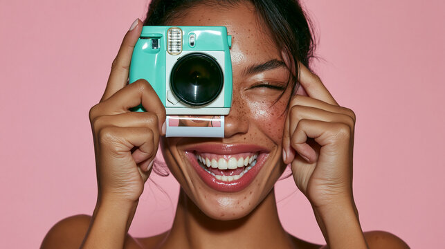 Happy Young Woman Holding Instant Camera on Pink Background