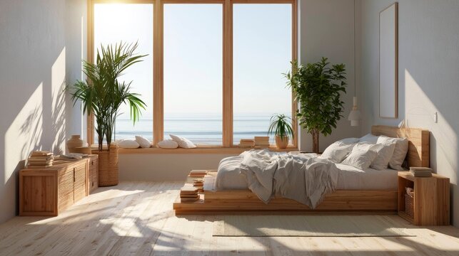 Modern minimalist bedroom with large window views, wooden bed and green indoor plants