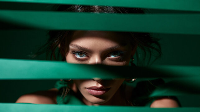 Mysterious Woman Peeking Through Green Blinds with Intense Eyes