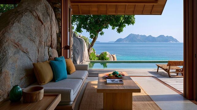 Tranquil beachfront living room with ocean view, lush greenery and outdoor deck furniture